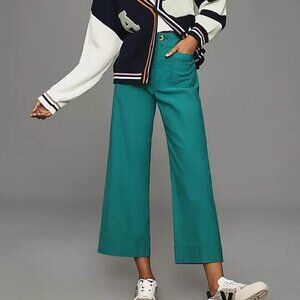 Anthropologie 27P The Colette Cropped Wide-Leg Pants Emerald Green 27 Petite NWT